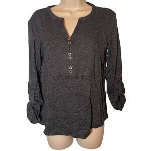 Jane + Delancey Top Women's M Black Waffle Knit Henley Roll Tab Sleeves V Neck
